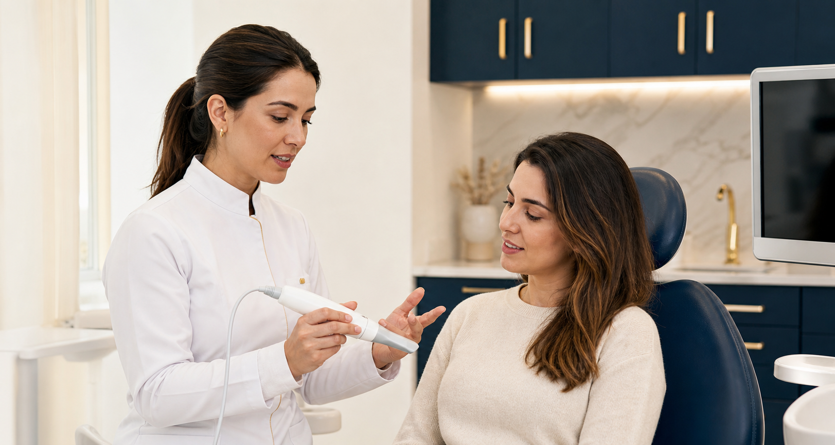 Dentista explicando uma etapa do atendimento a uma paciente
