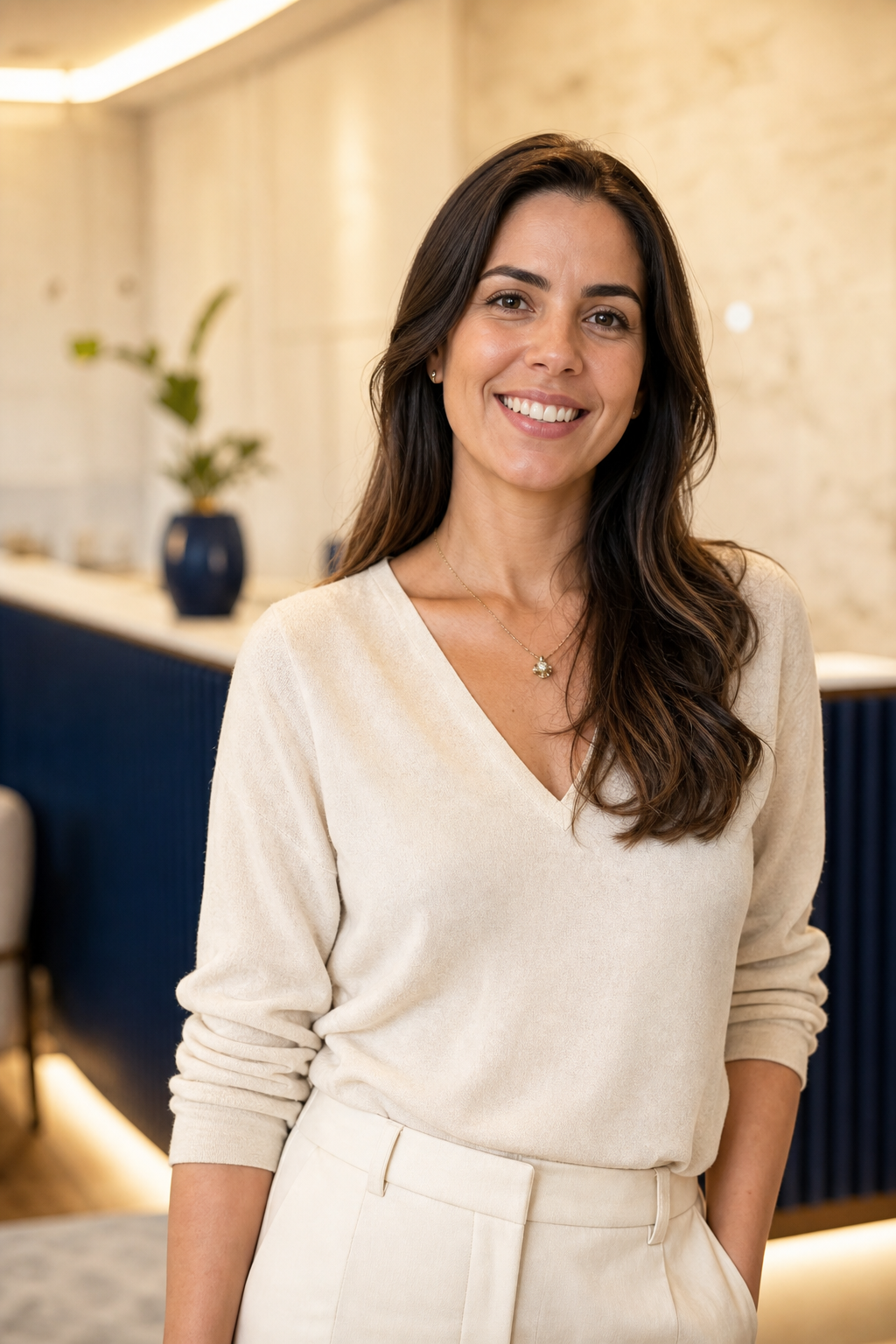 Paciente sorrindo em um ambiente odontológico acolhedor