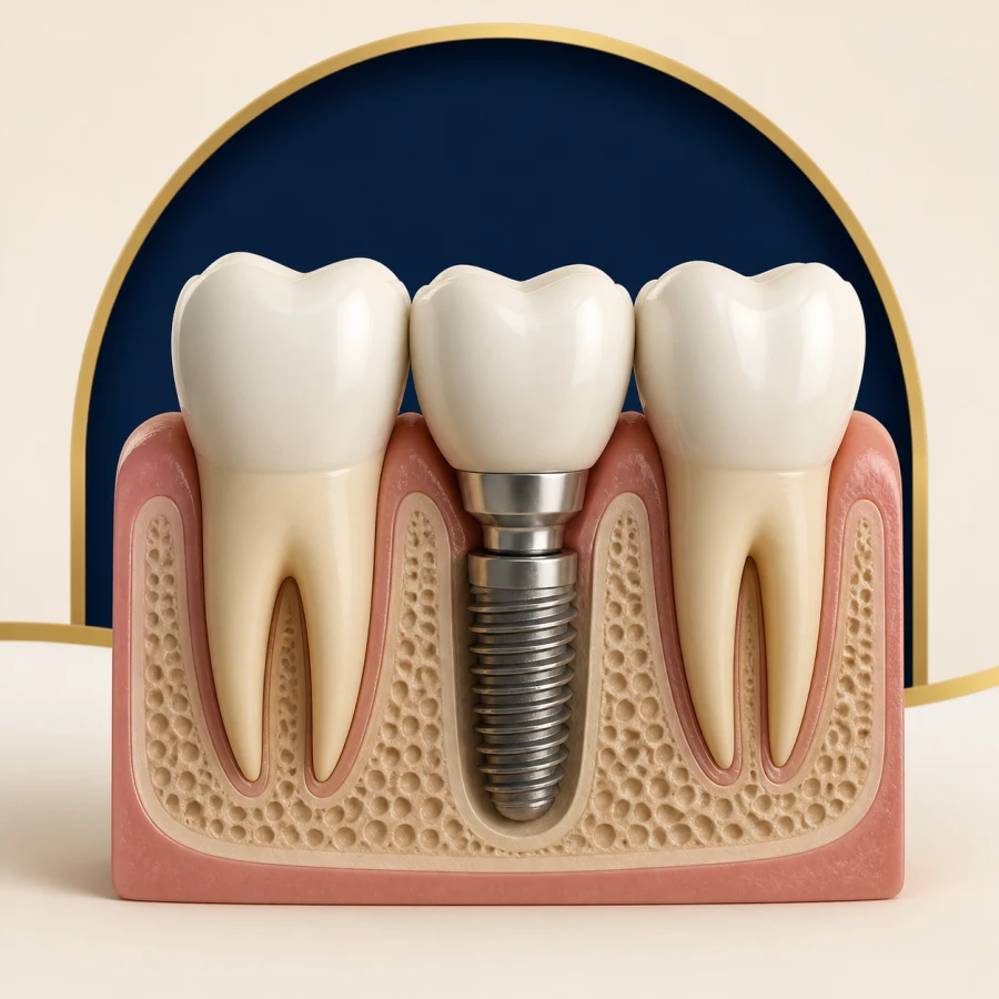 Ilustração de um implante unitário com coroa, conector e implante