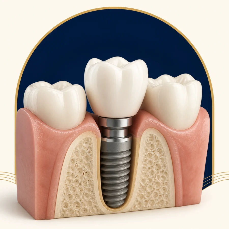 Ilustração de um implante imediato em corte odontológico