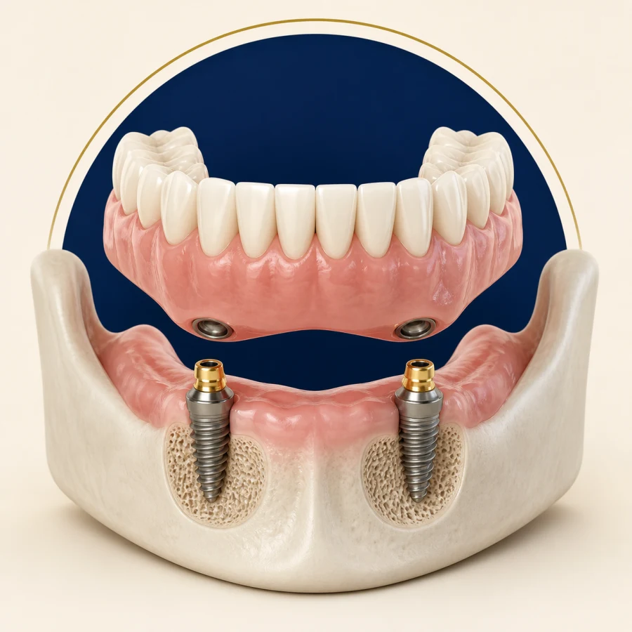 Ilustração de uma overdenture e seus encaixes sobre implantes