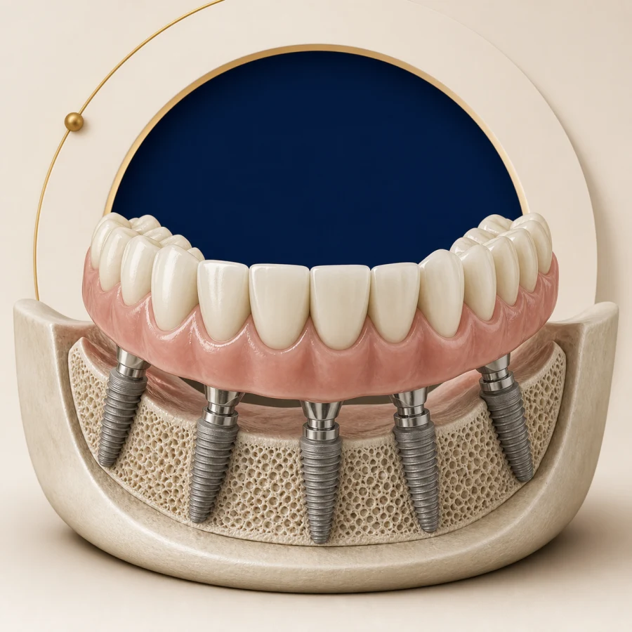Ilustração de uma prótese protocolo sustentada por múltiplos implantes